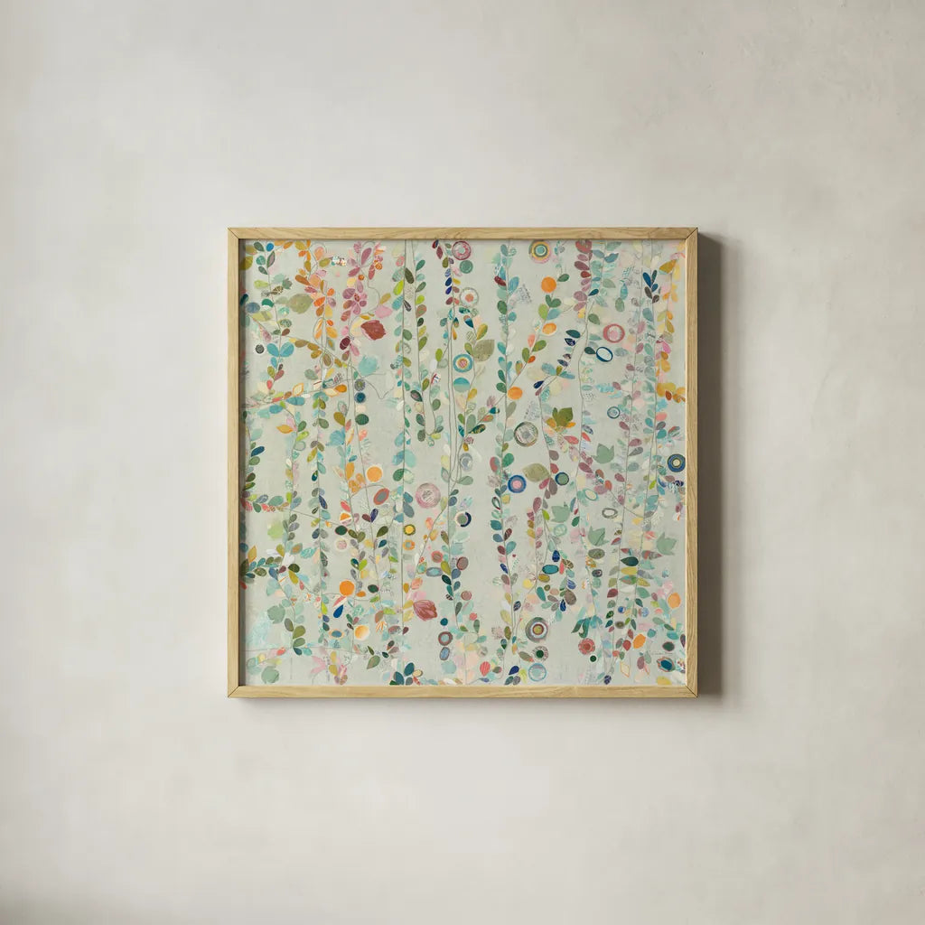 Hazel Brook Spring by Candra Boggs. Shown in a natural wood glass frame for a timeless modern aesthetic. Available as an archival giclee rolled canvas, fine art paper, or poster print. SKU 50293a.