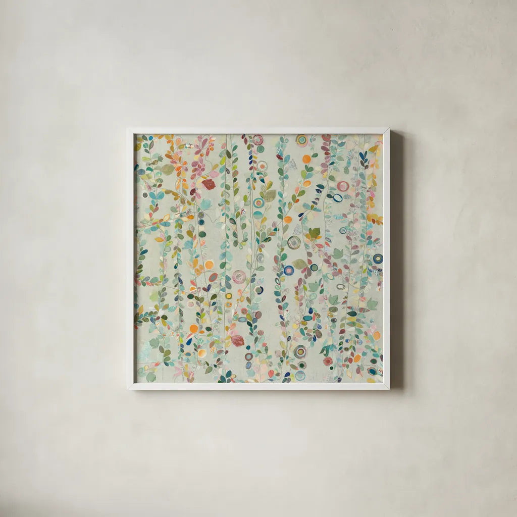 Hazel Brook Spring by Candra Boggs. Shown in a crisp white glass frame for a clean and minimalist style. Available as an archival giclee rolled canvas, fine art paper, or poster print. SKU 50293a.