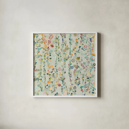 Hazel Brook Spring by Candra Boggs. Shown in a crisp white glass frame for a clean and minimalist style. Available as an archival giclee rolled canvas, fine art paper, or poster print. SKU 50293a.