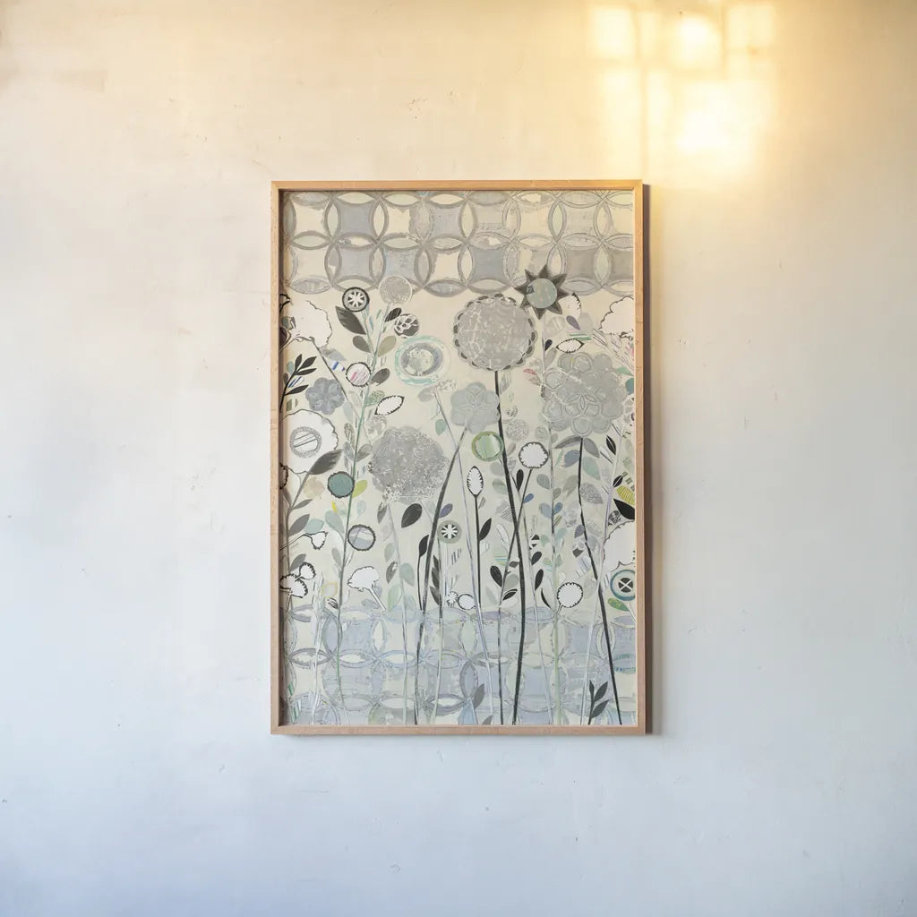 Interlocking Shadows by Candra Boggs. shown as a paper print in a natural frame. Available as a archival giclee rolled canvas, fine art paper, or poster print. SKU 22435h.