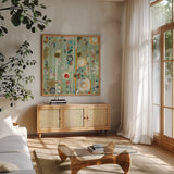 Natural Garden II by Candra Boggs. Shown in a natural wood frame in a cozy modern living room. Available as an archival giclee rolled canvas, fine art paper, or poster print. SKU 14014a.