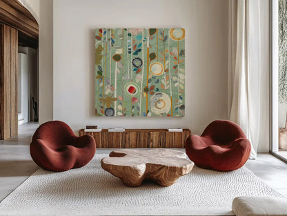 Natural Garden II by Candra Boggs. Shown as extra-large giant wall art in a modern living room. Available as an archival giclee rolled canvas, fine art paper, or poster print. SKU 14014a.