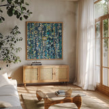 Navy Blue Sky Crop by Candra Boggs. Shown in a natural wood frame in a cozy modern living room. Available as an archival giclee rolled canvas, fine art paper, or poster print. SKU 22721a.