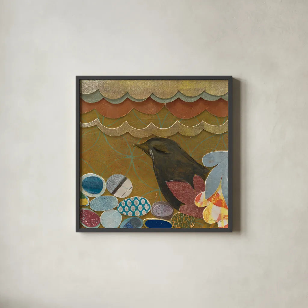 Nesting Birds I by Candra Boggs. Shown in a sleek black glass frame for a contemporary gallery look. Available as an archival giclee rolled canvas, fine art paper, or poster print. SKU 19586a.