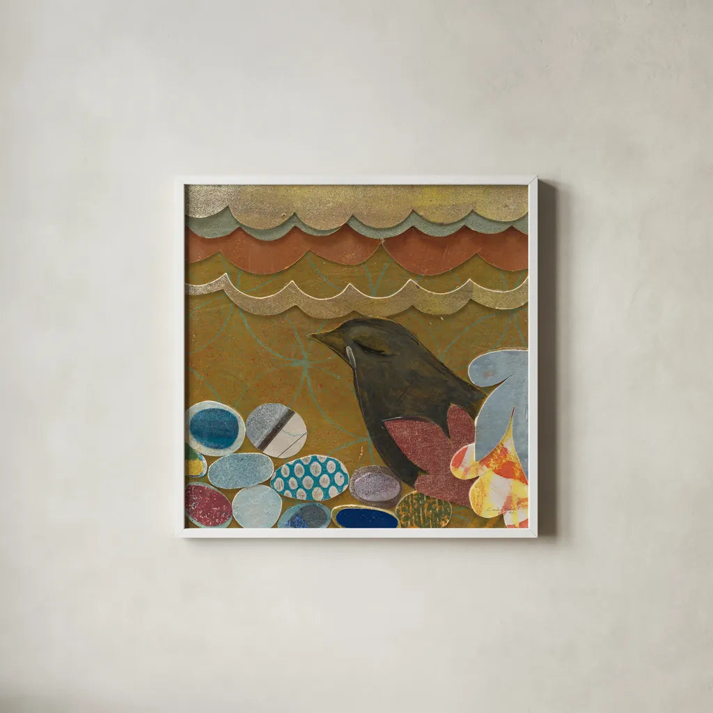 Nesting Birds I by Candra Boggs. Shown in a crisp white glass frame for a clean and minimalist style. Available as an archival giclee rolled canvas, fine art paper, or poster print. SKU 19586a.