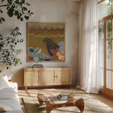 Nesting Birds I by Candra Boggs. Shown in a natural wood frame in a cozy modern living room. Available as an archival giclee rolled canvas, fine art paper, or poster print. SKU 19586a.