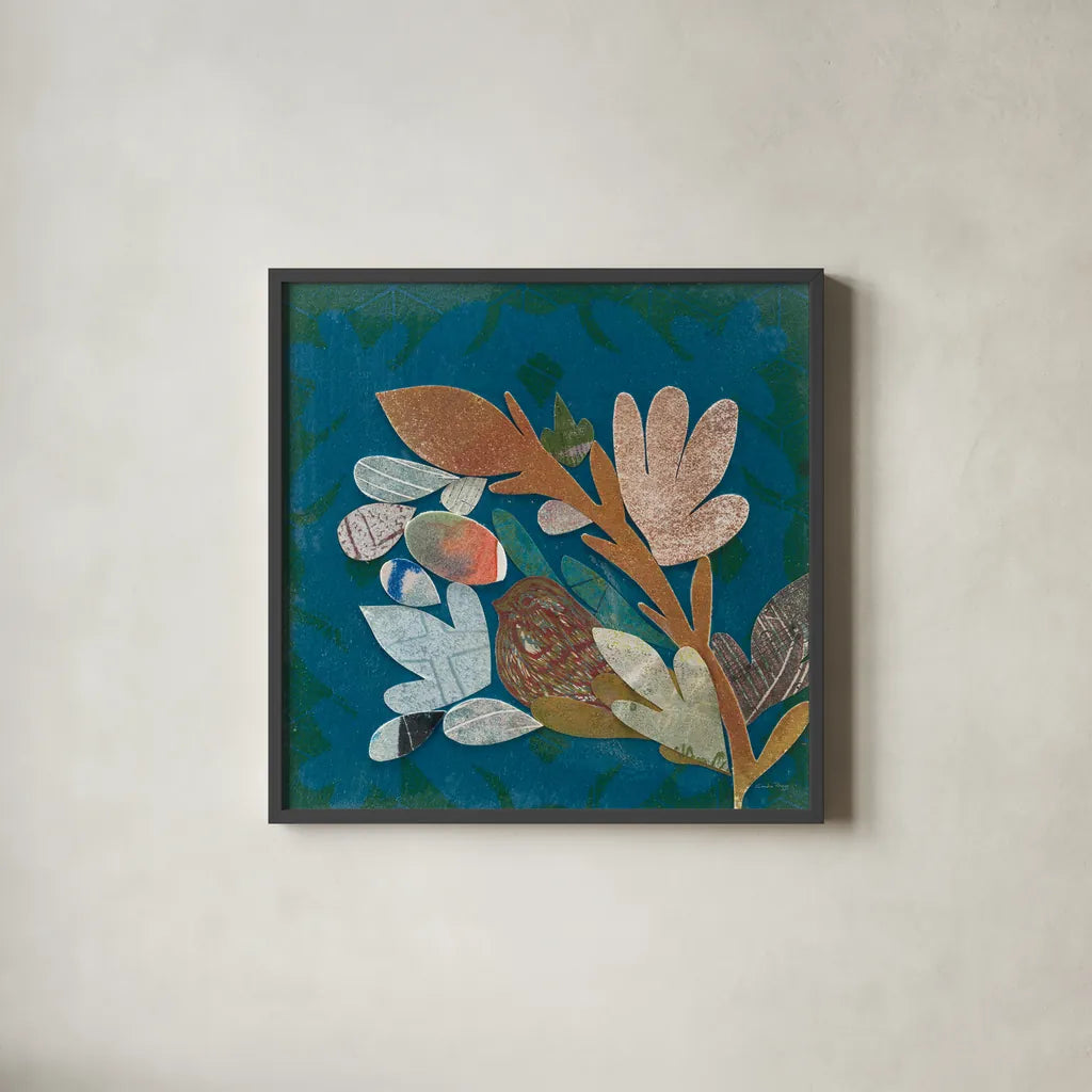 Nesting Birds II by Candra Boggs. Shown in a sleek black glass frame for a contemporary gallery look. Available as an archival giclee rolled canvas, fine art paper, or poster print. SKU 19587a.