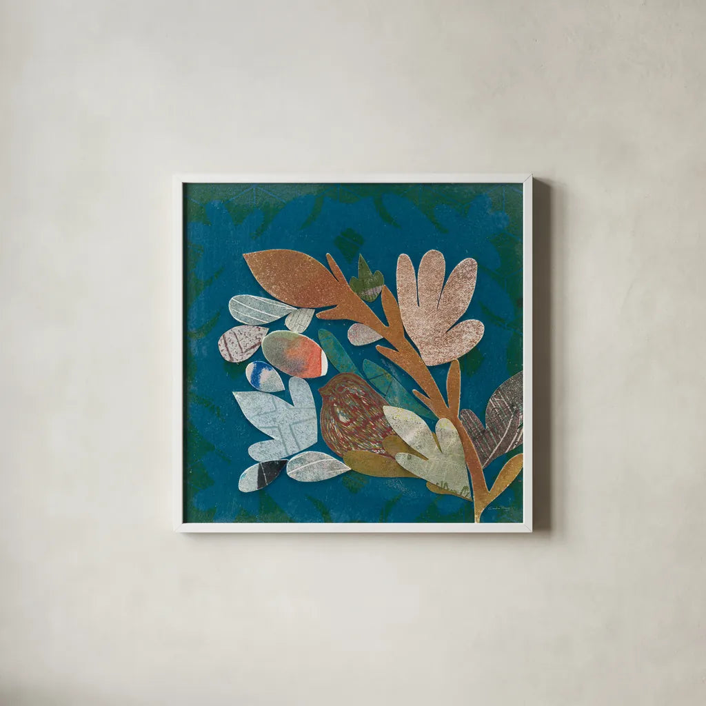 Nesting Birds II by Candra Boggs. Shown in a crisp white glass frame for a clean and minimalist style. Available as an archival giclee rolled canvas, fine art paper, or poster print. SKU 19587a.