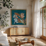 Nesting Birds II by Candra Boggs. Shown in a natural wood frame in a cozy modern living room. Available as an archival giclee rolled canvas, fine art paper, or poster print. SKU 19587a.