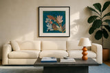 Nesting Birds II by Candra Boggs. Displayed in a glass frame with matte in a clean modern living room. Available as an archival giclee rolled canvas, fine art paper, or poster print. SKU 19587a.