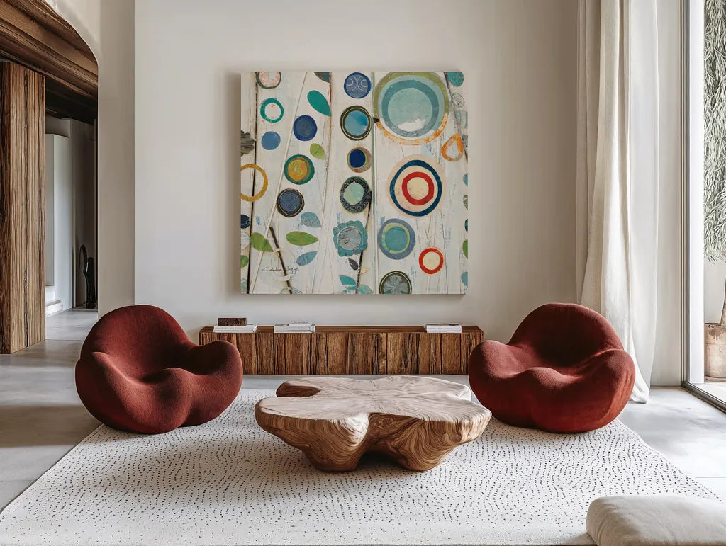 Ocean Garden I Square II by Candra Boggs. Shown as extra-large giant wall art in a modern living room. Available as an archival giclee rolled canvas, fine art paper, or poster print. SKU 32168a.