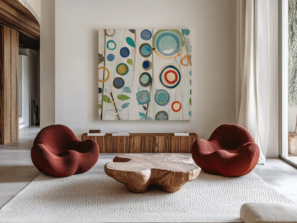 Ocean Garden I Square II by Candra Boggs. Shown as extra-large giant wall art in a modern living room. Available as an archival giclee rolled canvas, fine art paper, or poster print. SKU 32168a.