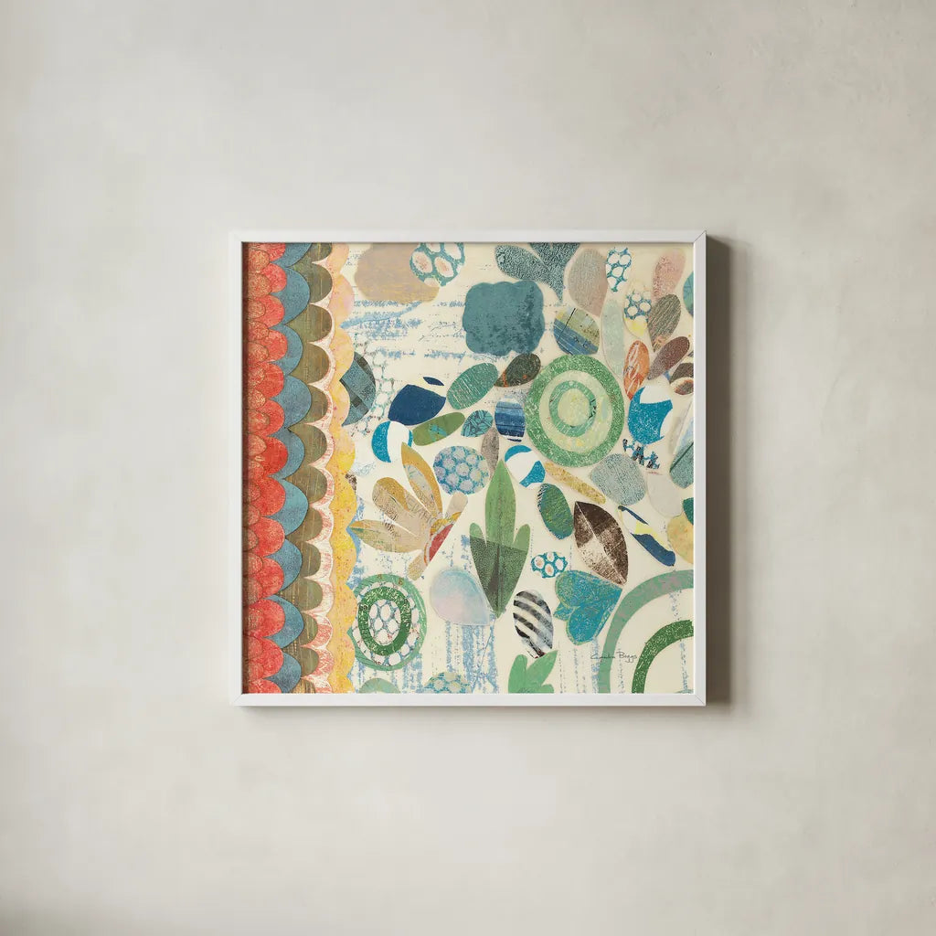 Raining Flowers II by Candra Boggs. Shown in a crisp white glass frame for a clean and minimalist style. Available as an archival giclee rolled canvas, fine art paper, or poster print. SKU 22632a.