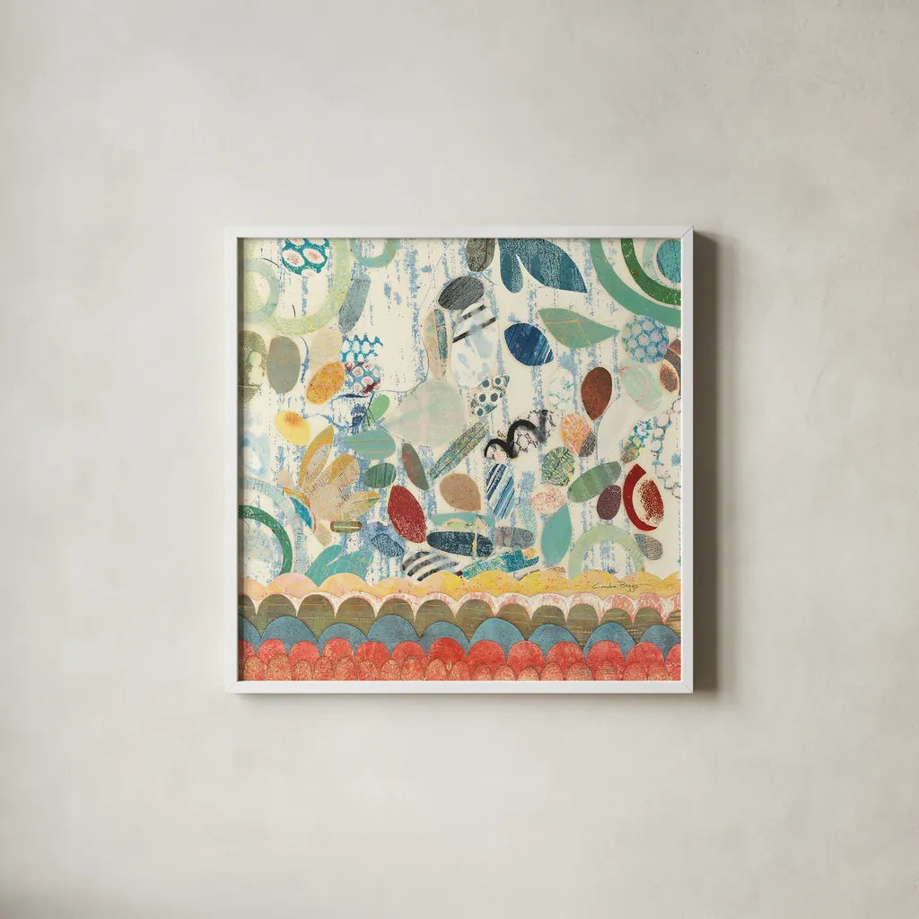 Raining Flowers III by Candra Boggs. Shown in a crisp white glass frame for a clean and minimalist style. Available as an archival giclee rolled canvas, fine art paper, or poster print. SKU 22633a.