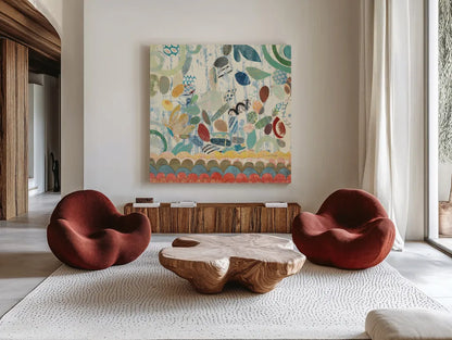 Raining Flowers III by Candra Boggs. Shown as extra-large giant wall art in a modern living room. Available as an archival giclee rolled canvas, fine art paper, or poster print. SKU 22633a.