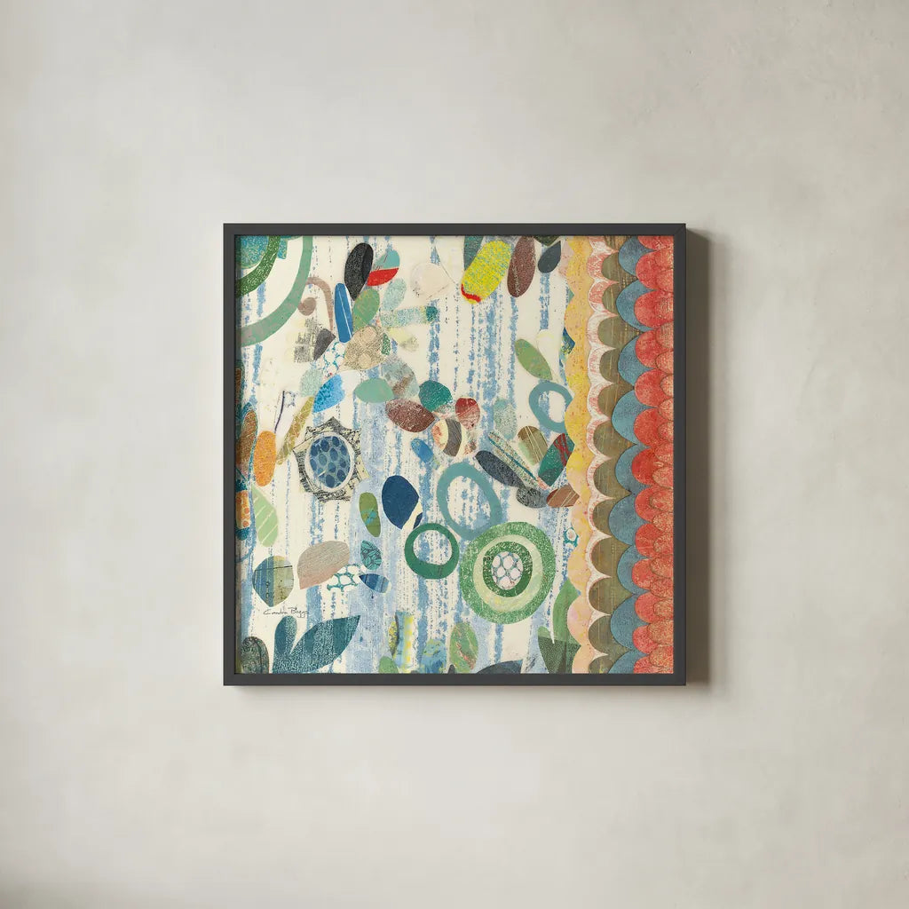 Raining Flowers IV by Candra Boggs. Shown in a sleek black glass frame for a contemporary gallery look. Available as an archival giclee rolled canvas, fine art paper, or poster print. SKU 22634a.