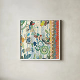Raining Flowers IV by Candra Boggs. Shown in a crisp white glass frame for a clean and minimalist style. Available as an archival giclee rolled canvas, fine art paper, or poster print. SKU 22634a.