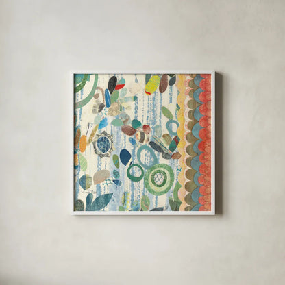 Raining Flowers IV by Candra Boggs. Shown in a crisp white glass frame for a clean and minimalist style. Available as an archival giclee rolled canvas, fine art paper, or poster print. SKU 22634a.