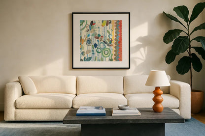 Raining Flowers IV by Candra Boggs. Displayed in a glass frame with matte in a clean modern living room. Available as an archival giclee rolled canvas, fine art paper, or poster print. SKU 22634a.