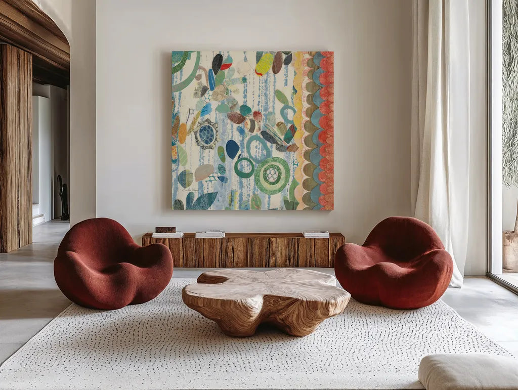 Raining Flowers IV by Candra Boggs. Shown as extra-large giant wall art in a modern living room. Available as an archival giclee rolled canvas, fine art paper, or poster print. SKU 22634a.