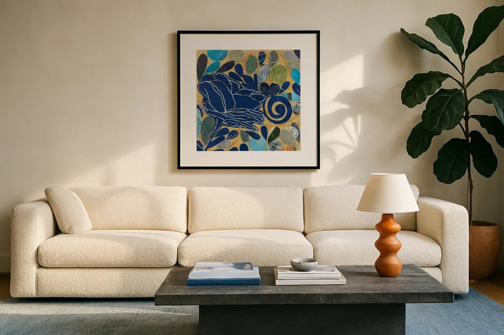 Rose I by Candra Boggs. Displayed in a glass frame with matte in a clean modern living room. Available as an archival giclee rolled canvas, fine art paper, or poster print. SKU 20434a.