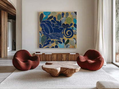 Rose I by Candra Boggs. Shown as extra-large giant wall art in a modern living room. Available as an archival giclee rolled canvas, fine art paper, or poster print. SKU 20434a.