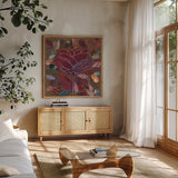 Rose II by Candra Boggs. Shown in a natural wood frame in a cozy modern living room. Available as an archival giclee rolled canvas, fine art paper, or poster print. SKU 20435a.