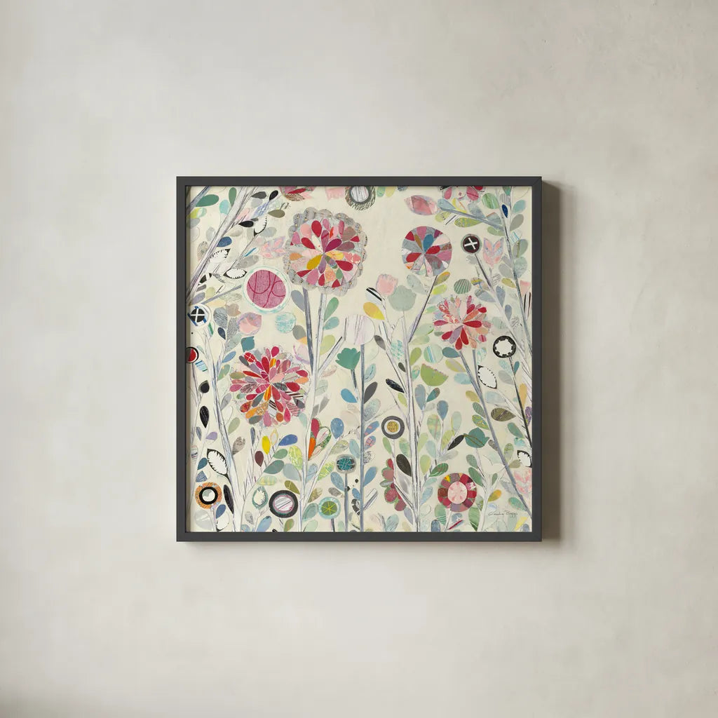 Spring Blossoms Crop by Candra Boggs. Shown in a sleek black glass frame for a contemporary gallery look. Available as an archival giclee rolled canvas, fine art paper, or poster print. SKU 22710a.