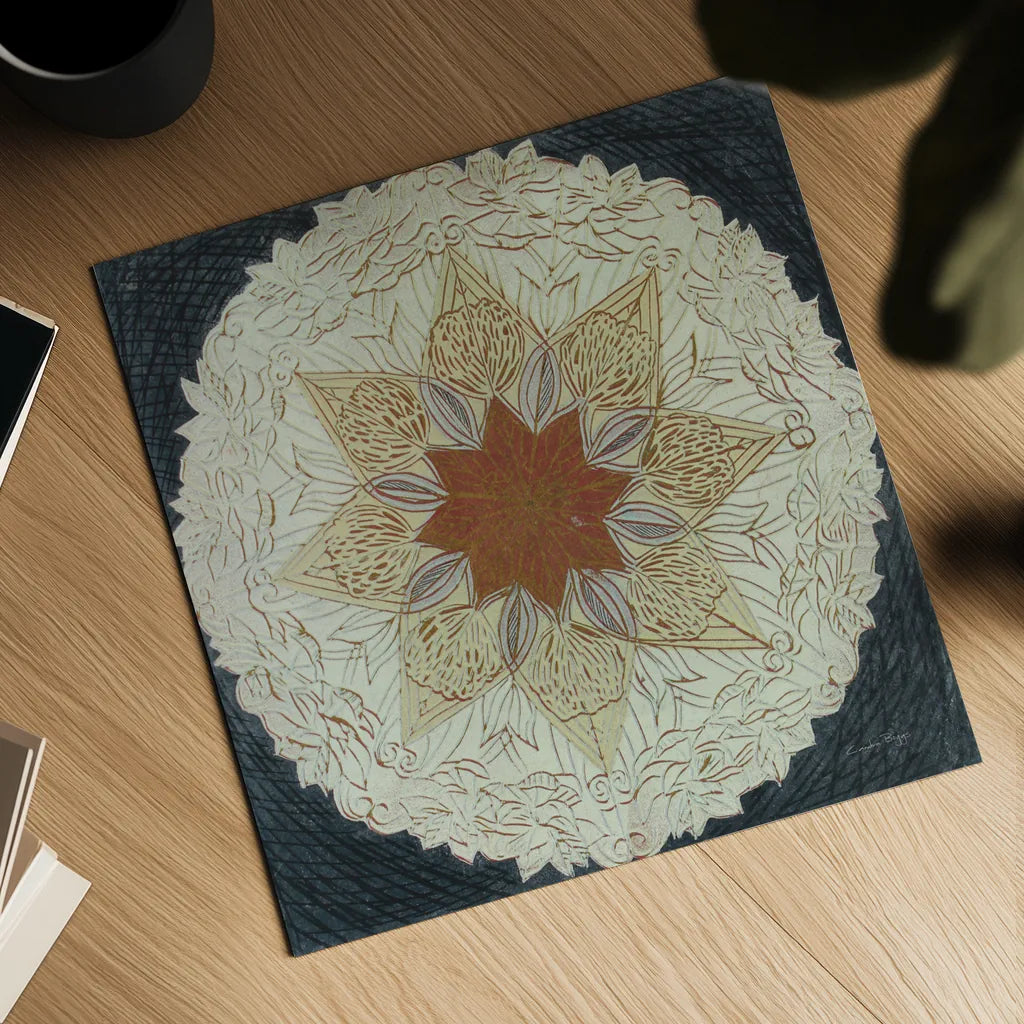 Starshine Mandala I by Candra Boggs. Shown as a detailed flat fine art print, highlighting archival giclee quality. Available as an archival giclee rolled canvas, fine art paper, or poster print. SKU 88490a.