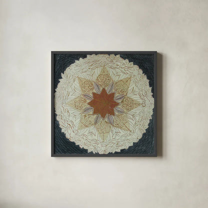 Starshine Mandala I by Candra Boggs. Shown in a sleek black glass frame for a contemporary gallery look. Available as an archival giclee rolled canvas, fine art paper, or poster print. SKU 88490a.