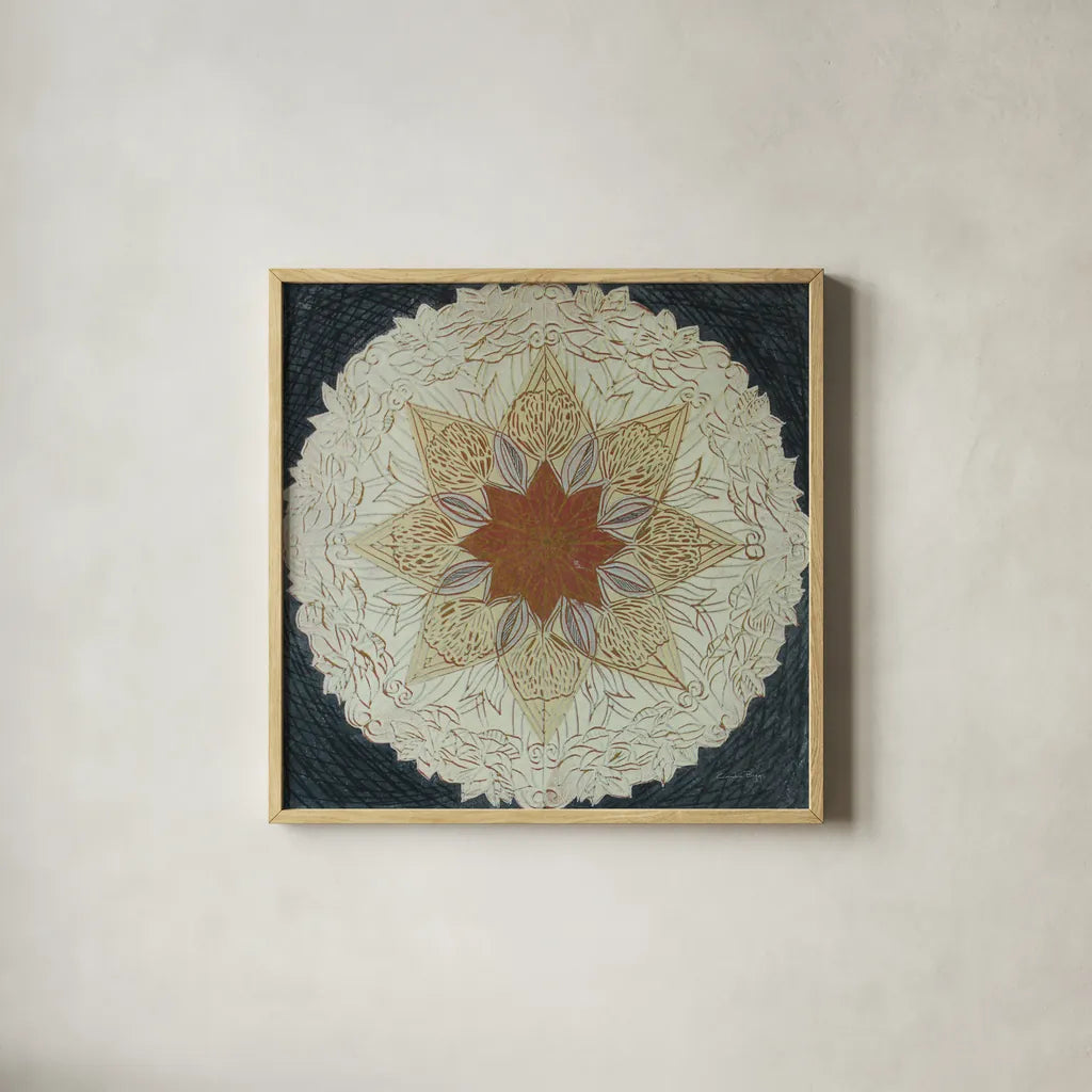 Starshine Mandala I by Candra Boggs. Shown in a natural wood glass frame for a timeless modern aesthetic. Available as an archival giclee rolled canvas, fine art paper, or poster print. SKU 88490a.
