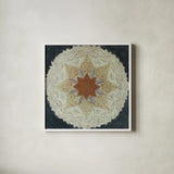 Starshine Mandala I by Candra Boggs. Shown in a crisp white glass frame for a clean and minimalist style. Available as an archival giclee rolled canvas, fine art paper, or poster print. SKU 88490a.