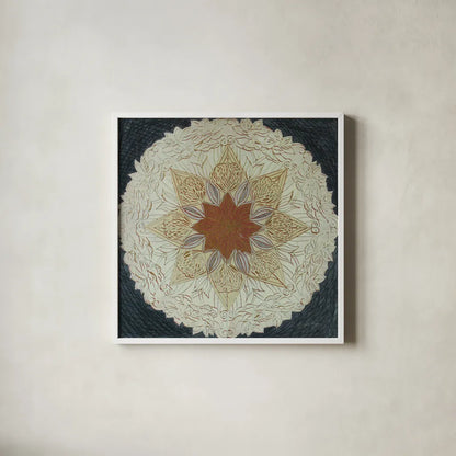 Starshine Mandala I by Candra Boggs. Shown in a crisp white glass frame for a clean and minimalist style. Available as an archival giclee rolled canvas, fine art paper, or poster print. SKU 88490a.