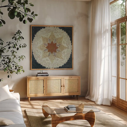 Starshine Mandala I by Candra Boggs. Shown in a natural wood frame in a cozy modern living room. Available as an archival giclee rolled canvas, fine art paper, or poster print. SKU 88490a.