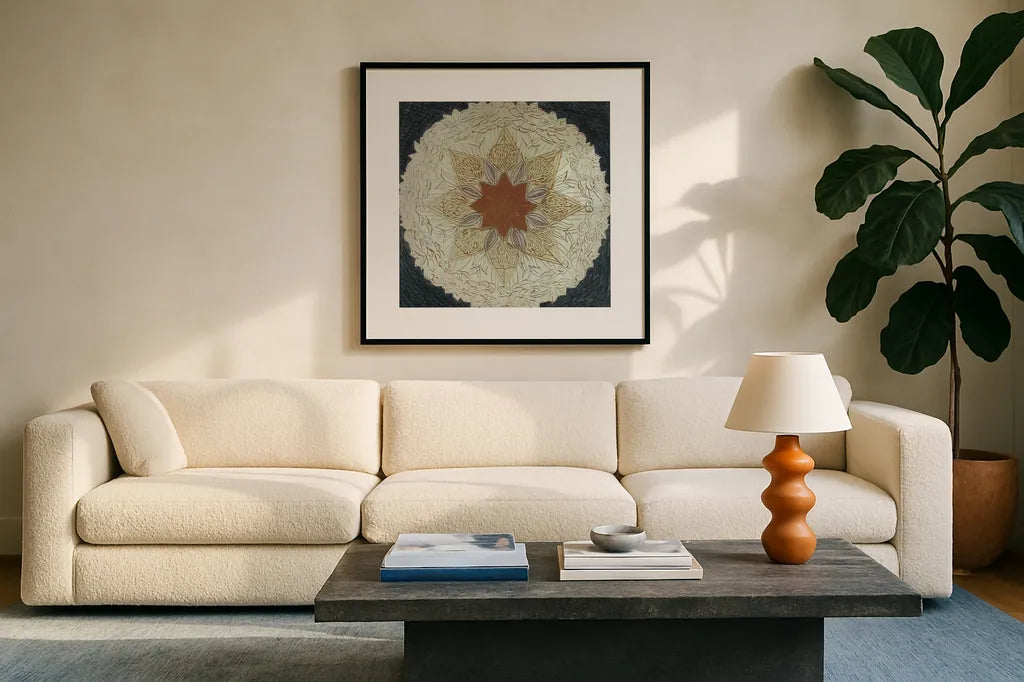 Starshine Mandala I by Candra Boggs. Displayed in a glass frame with matte in a clean modern living room. Available as an archival giclee rolled canvas, fine art paper, or poster print. SKU 88490a.