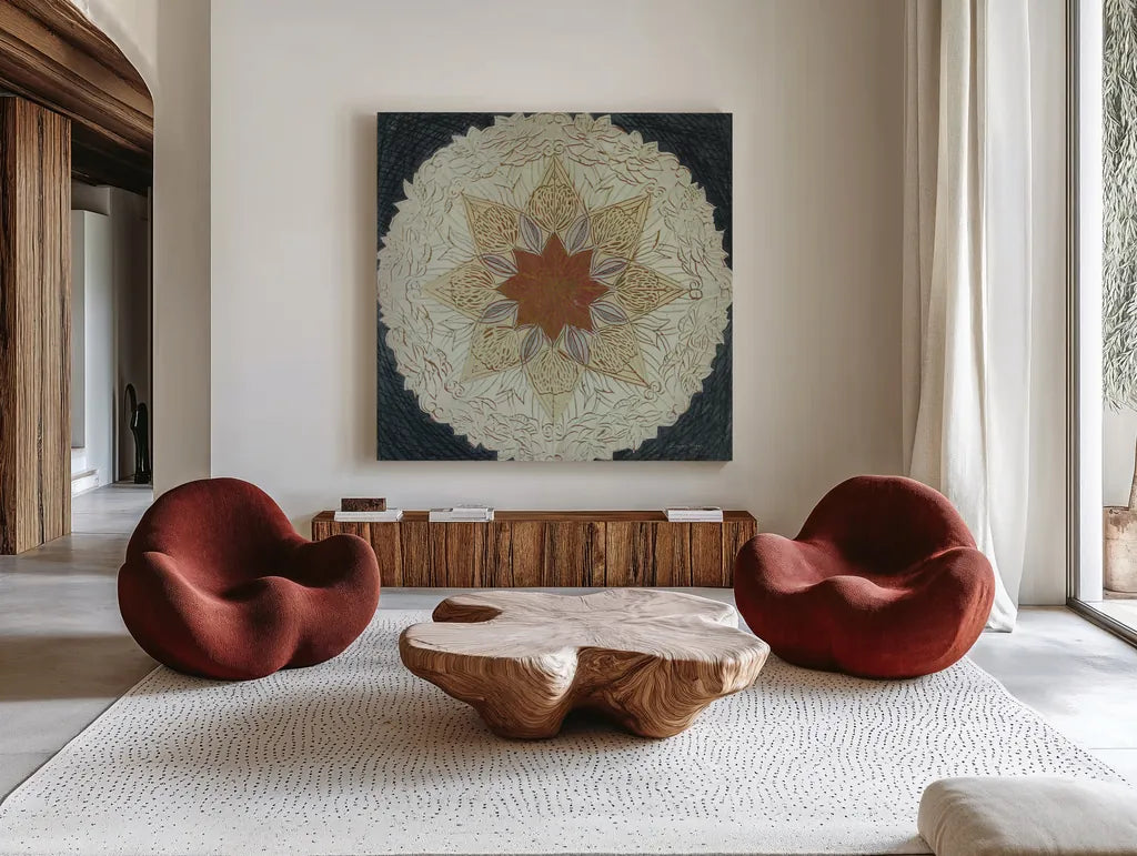 Starshine Mandala I by Candra Boggs. Shown as extra-large giant wall art in a modern living room. Available as an archival giclee rolled canvas, fine art paper, or poster print. SKU 88490a.