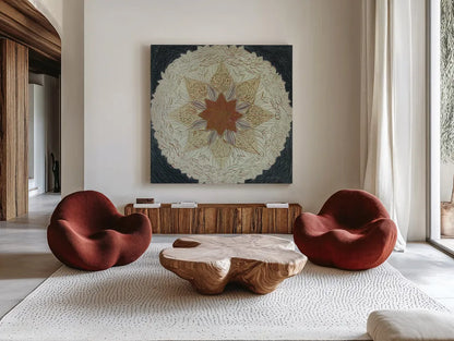 Starshine Mandala I by Candra Boggs. Shown as extra-large giant wall art in a modern living room. Available as an archival giclee rolled canvas, fine art paper, or poster print. SKU 88490a.