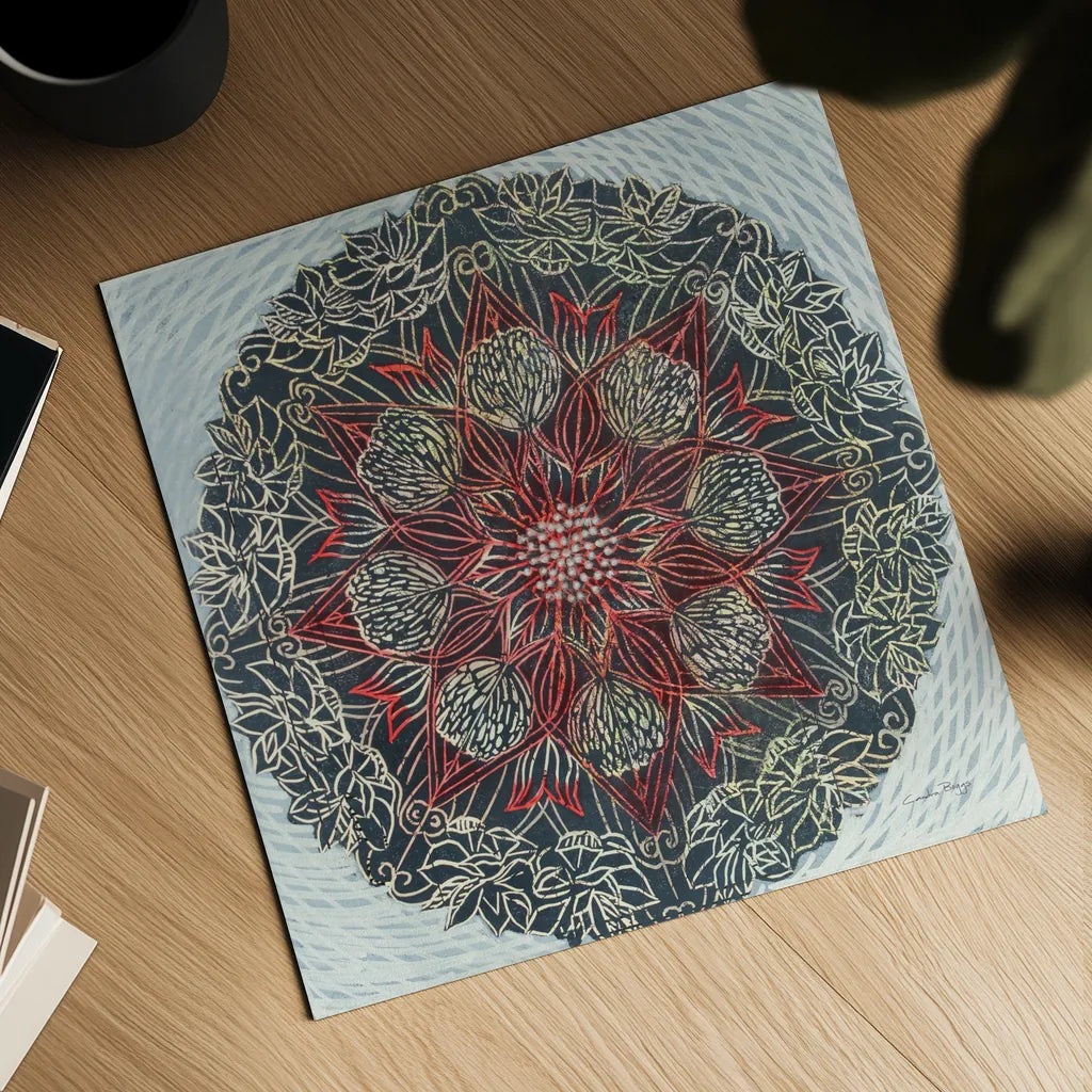 Starshine Mandala II by Candra Boggs. Shown as a detailed flat fine art print, highlighting archival giclee quality. Available as an archival giclee rolled canvas, fine art paper, or poster print. SKU 88491a.