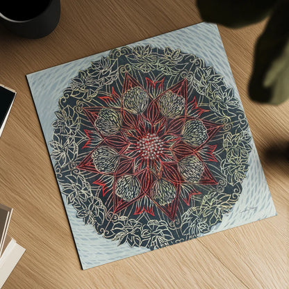 Starshine Mandala II by Candra Boggs. Shown as a detailed flat fine art print, highlighting archival giclee quality. Available as an archival giclee rolled canvas, fine art paper, or poster print. SKU 88491a.