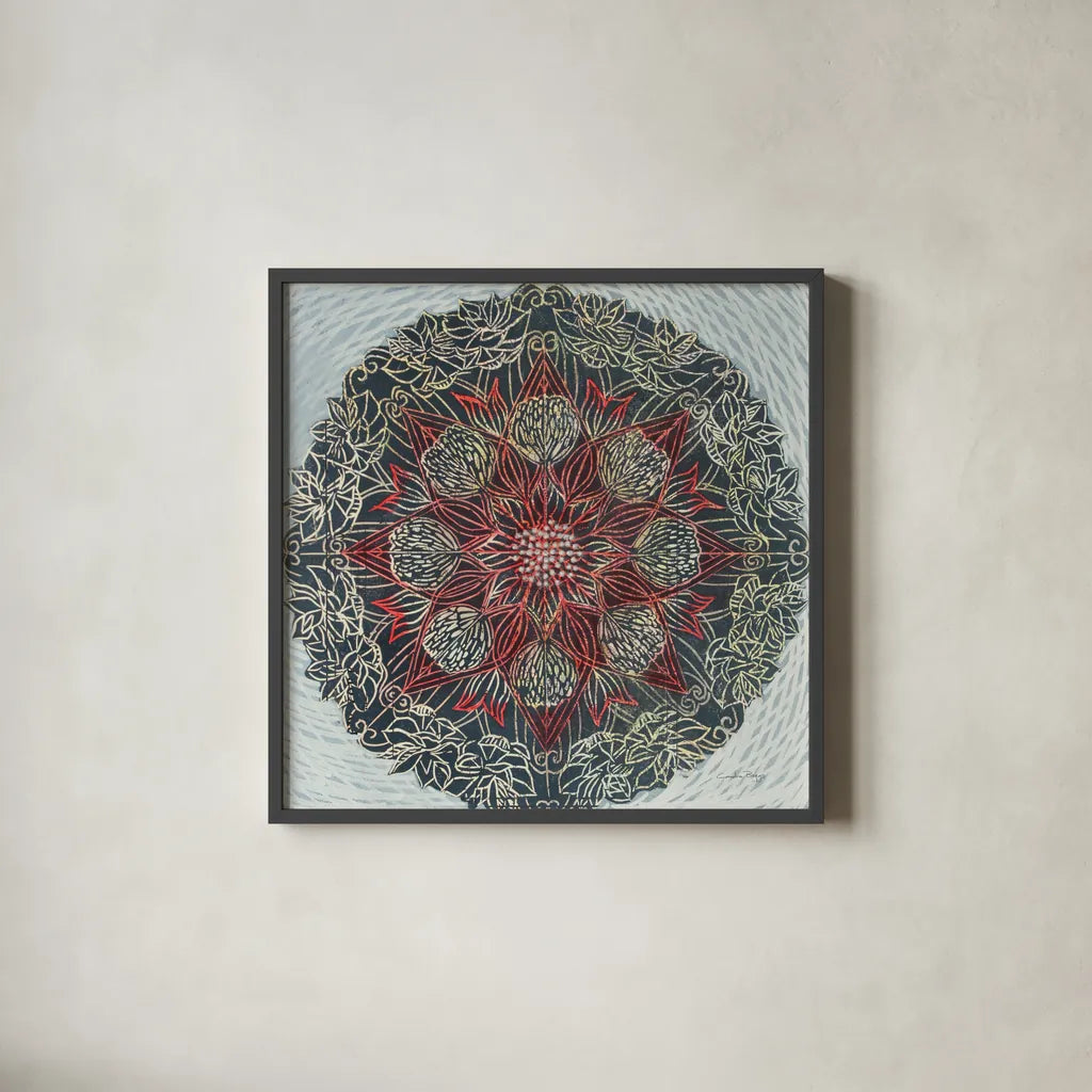Starshine Mandala II by Candra Boggs. Shown in a sleek black glass frame for a contemporary gallery look. Available as an archival giclee rolled canvas, fine art paper, or poster print. SKU 88491a.