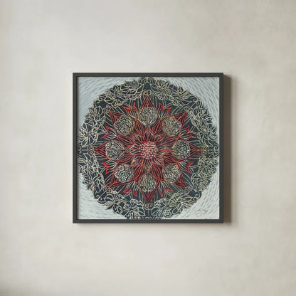 Starshine Mandala II by Candra Boggs. Shown in a sleek black glass frame for a contemporary gallery look. Available as an archival giclee rolled canvas, fine art paper, or poster print. SKU 88491a.