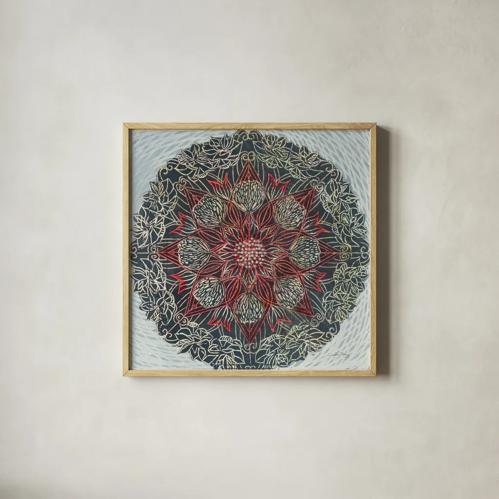 Starshine Mandala II by Candra Boggs. Shown in a natural wood glass frame for a timeless modern aesthetic. Available as an archival giclee rolled canvas, fine art paper, or poster print. SKU 88491a.