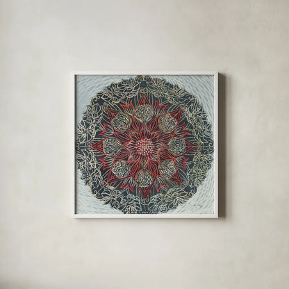 Starshine Mandala II by Candra Boggs. Shown in a crisp white glass frame for a clean and minimalist style. Available as an archival giclee rolled canvas, fine art paper, or poster print. SKU 88491a.