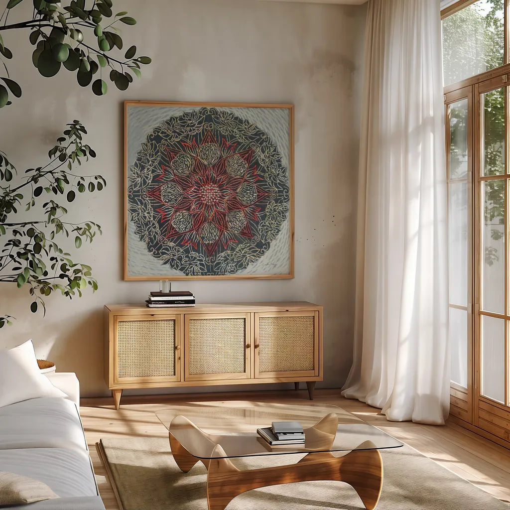 Starshine Mandala II by Candra Boggs. Shown in a natural wood frame in a cozy modern living room. Available as an archival giclee rolled canvas, fine art paper, or poster print. SKU 88491a.