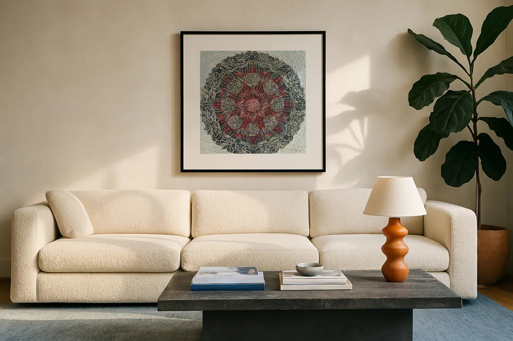 Starshine Mandala II by Candra Boggs. Displayed in a glass frame with matte in a clean modern living room. Available as an archival giclee rolled canvas, fine art paper, or poster print. SKU 88491a.
