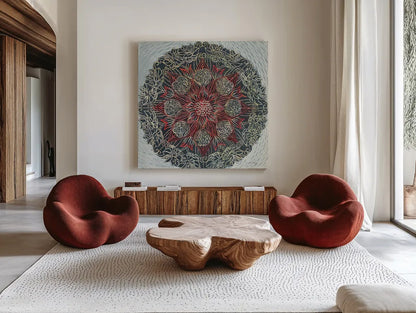 Starshine Mandala II by Candra Boggs. Shown as extra-large giant wall art in a modern living room. Available as an archival giclee rolled canvas, fine art paper, or poster print. SKU 88491a.