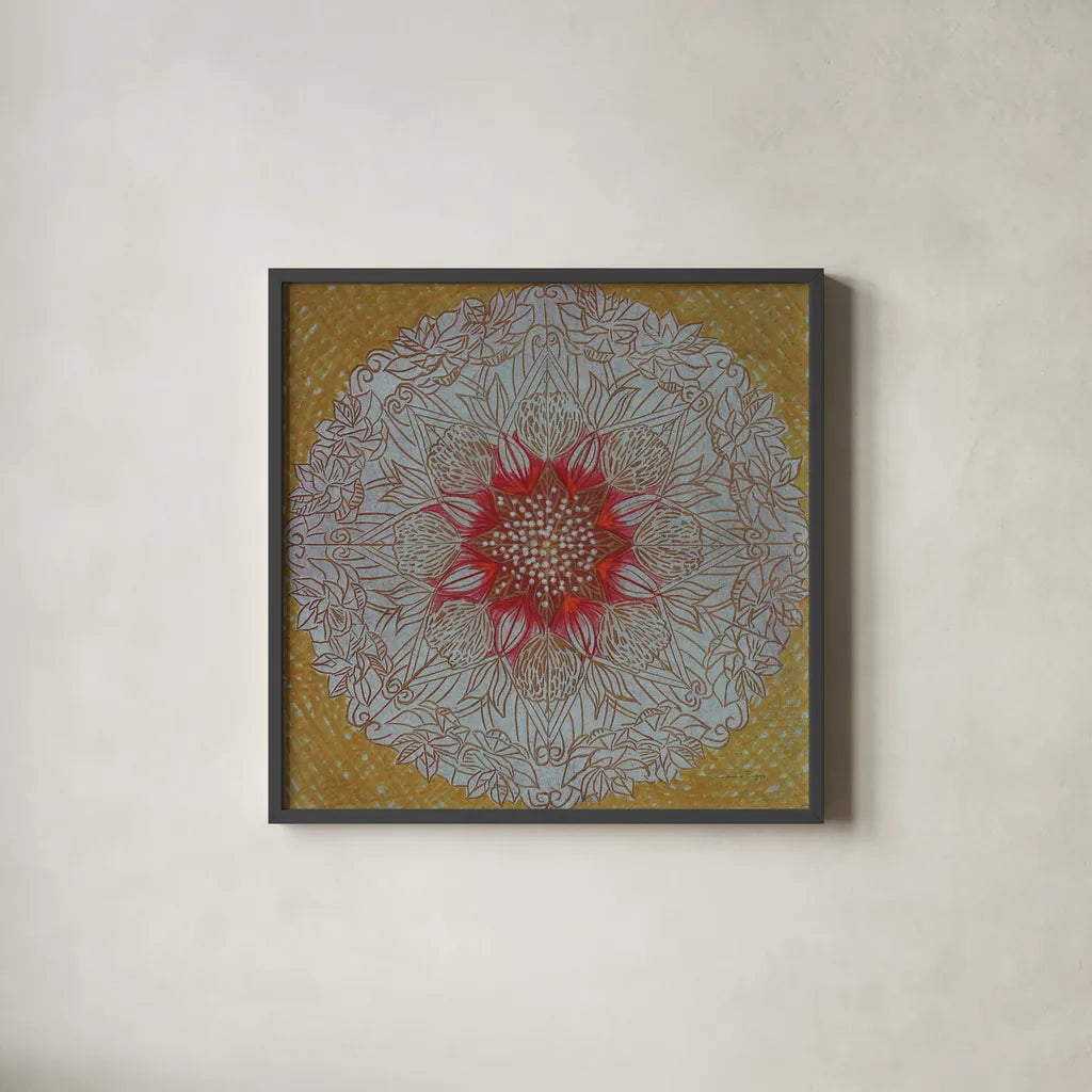 Starshine Mandala III by Candra Boggs. Shown in a sleek black glass frame for a contemporary gallery look. Available as an archival giclee rolled canvas, fine art paper, or poster print. SKU 88492a.