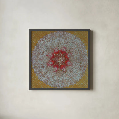 Starshine Mandala III by Candra Boggs. Shown in a sleek black glass frame for a contemporary gallery look. Available as an archival giclee rolled canvas, fine art paper, or poster print. SKU 88492a.