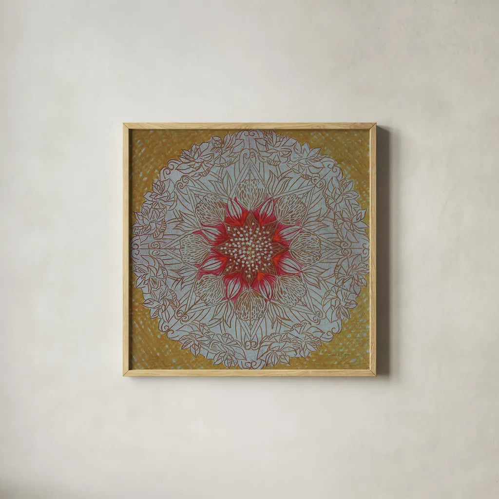 Starshine Mandala III by Candra Boggs. Shown in a natural wood glass frame for a timeless modern aesthetic. Available as an archival giclee rolled canvas, fine art paper, or poster print. SKU 88492a.