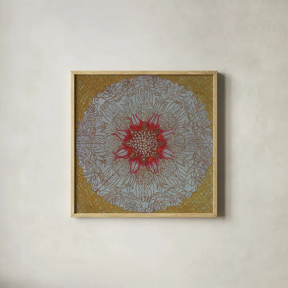 Starshine Mandala III by Candra Boggs. Shown in a natural wood glass frame for a timeless modern aesthetic. Available as an archival giclee rolled canvas, fine art paper, or poster print. SKU 88492a.